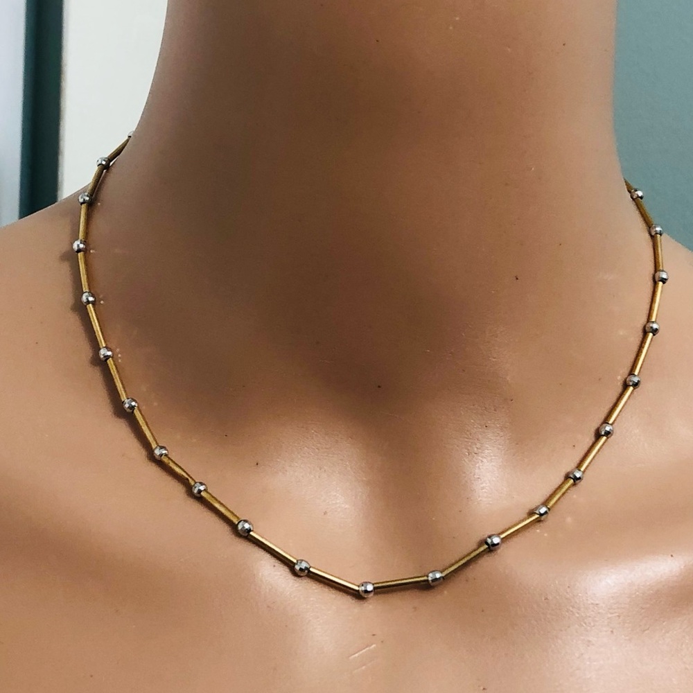 14K Italy 2 TONE BEAD NECKLACE 16" LONG 4g